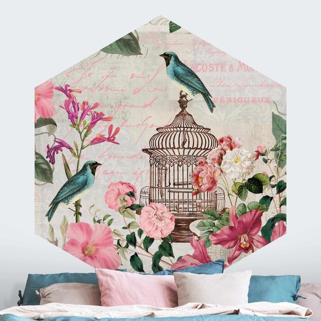 Papel pintado aves Shabby Chic Collage - Pink Flowers And Blue Birds