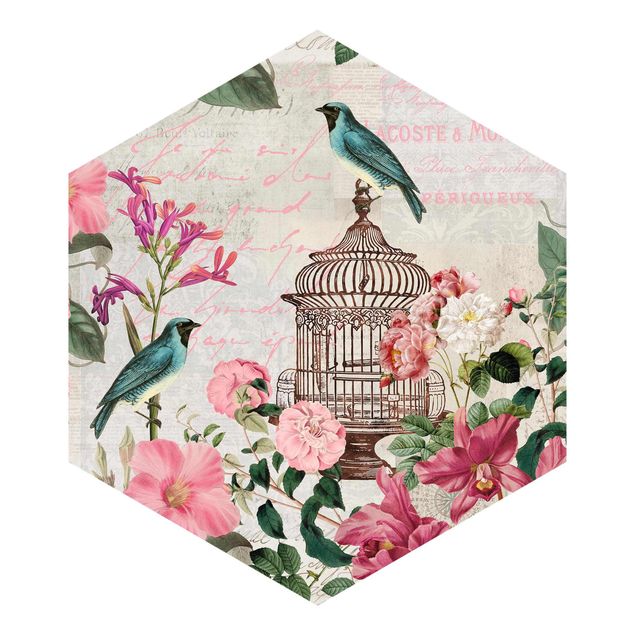 Papel pintado tonos rosas Shabby Chic Collage - Pink Flowers And Blue Birds