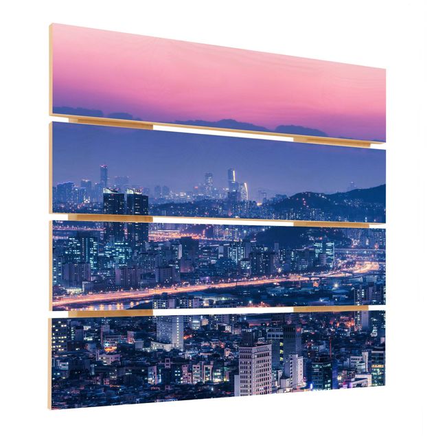 Holzbild - Skyline von Seoul - Quadrat