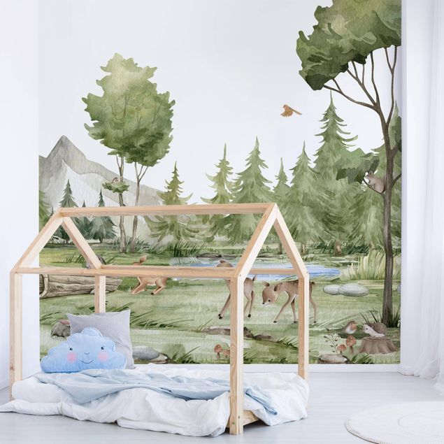 Decoración infantil pared Playing fawns on the river bank