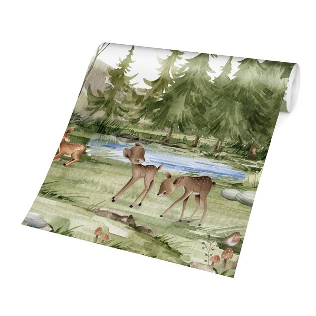 Papel pared bosque Playing fawns on the river bank
