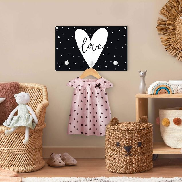 Percheros de pared en blanco y negro Text Love With Heart With Dots Black And White