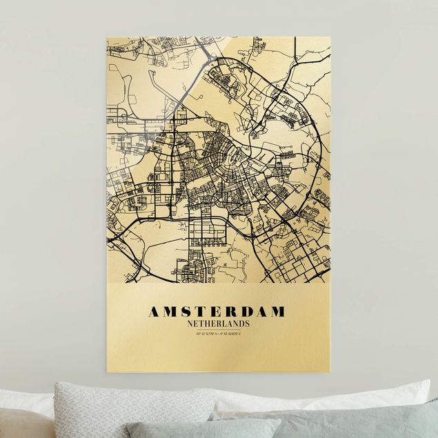 Cuadros de cristal blanco y negro Amsterdam City Map - Classic