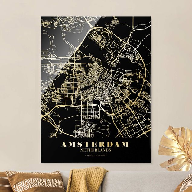 Cuadros de cristal blanco y negro Amsterdam City Map - Classic Black