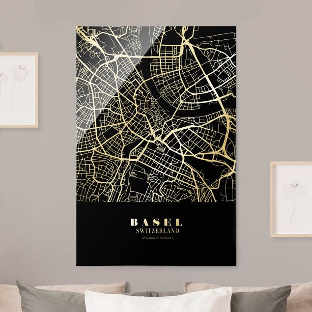 Cuadros de cristal blanco y negro Basel City Map - Classic Black