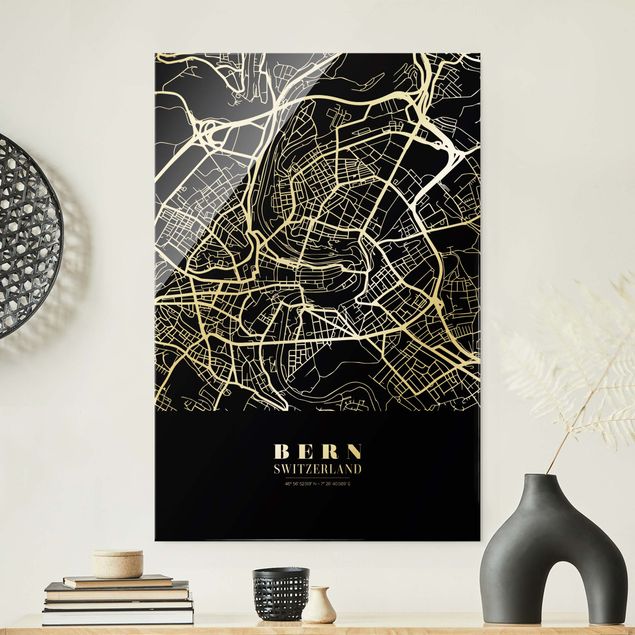 Cuadros de cristal blanco y negro Bern City Map - Classic Black