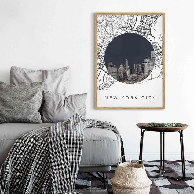 Pósters enmarcados en blanco y negro Map Collage New York City