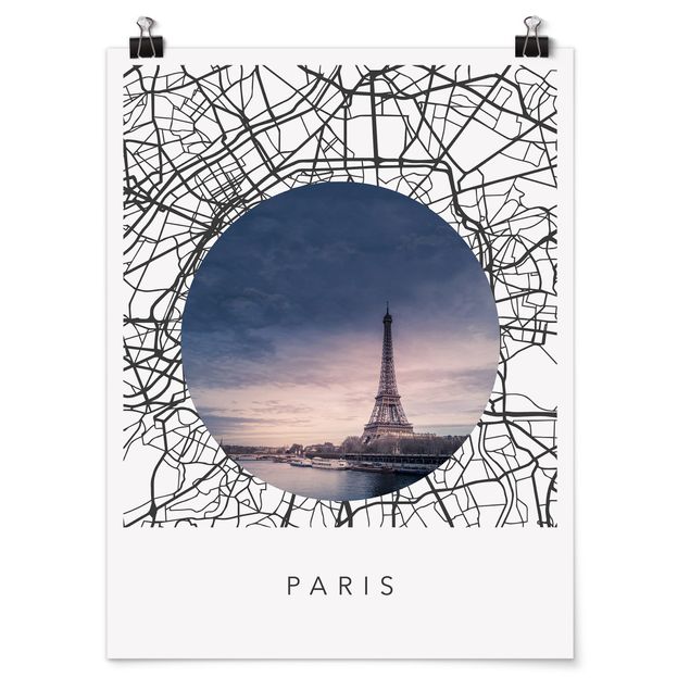 Póster blanco y negro Map Collage Paris