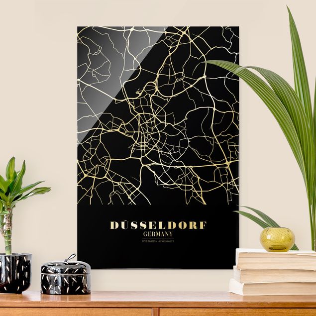 Cuadros de cristal blanco y negro Dusseldorf City Map - Classic Black