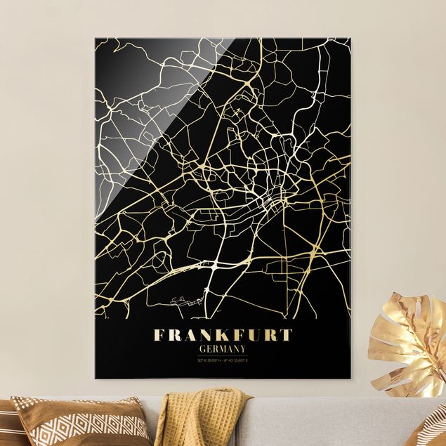 Cuadros de cristal blanco y negro Frankfurt City City Map - Classic Black