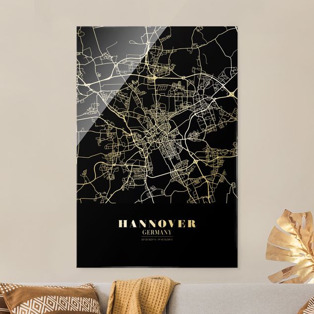 Cuadros de cristal blanco y negro Hannover City Map - Classic Black