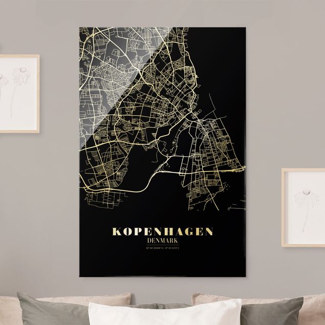 Cuadros de cristal blanco y negro Copenhagen City Map - Classic Black