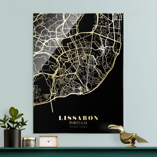 Cuadros de cristal blanco y negro Lisbon City Map - Classic Black