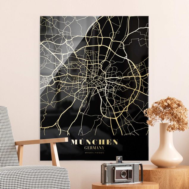 Cuadros de cristal arquitectura y skyline Munich City Map - Classic Black