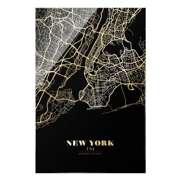 Cuadros de cristal blanco y negro New York City Map - Classic Black