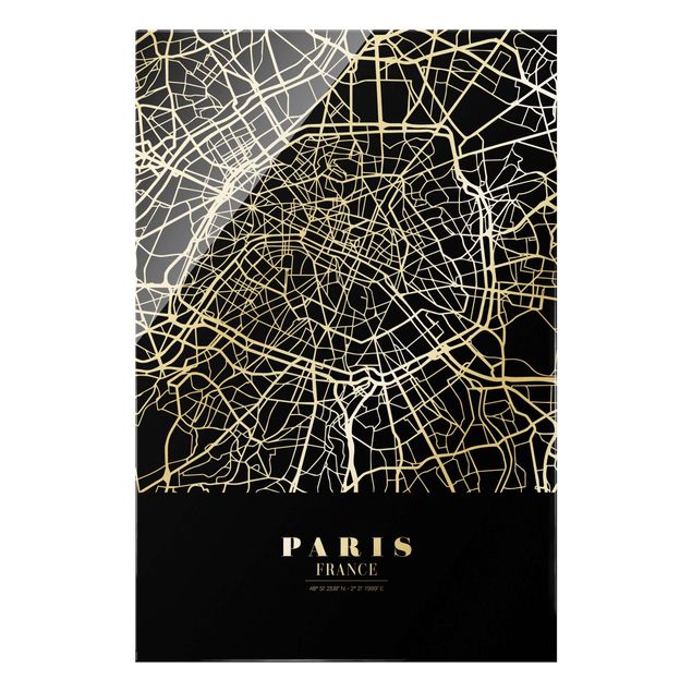 Cuadros de cristal blanco y negro Paris City Map - Classic Black