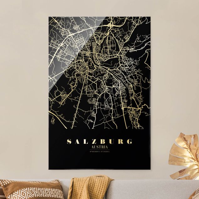 Cuadros de cristal blanco y negro Salzburg City Map - Classic Black