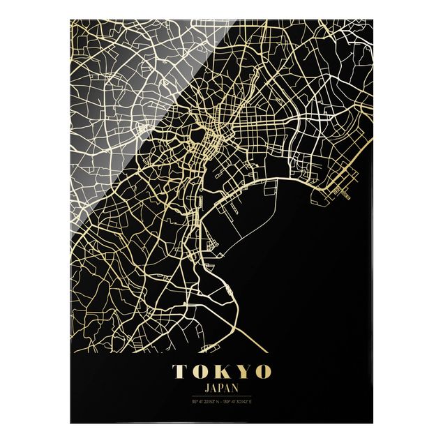 Cuadros de cristal blanco y negro Tokyo City Map - Classic Black