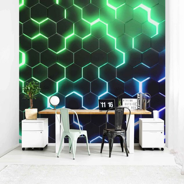 Papel pintado geométrico Structured Hexagons With Neon Light In Green And Blue