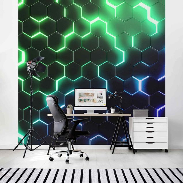 Papel pintado 3d Structured Hexagons With Neon Light In Green And Blue