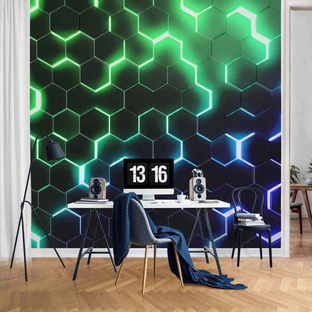 Papel pintado con patrones Structured Hexagons With Neon Light In Green And Blue