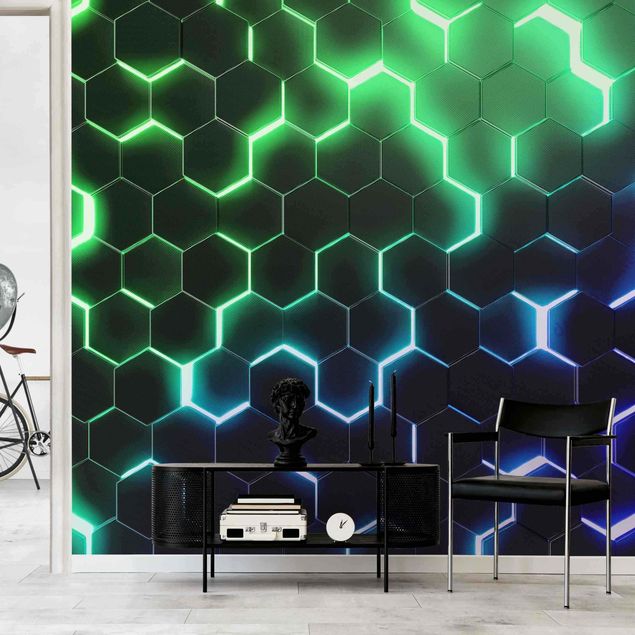 Papel pintado moderno Structured Hexagons With Neon Light In Green And Blue