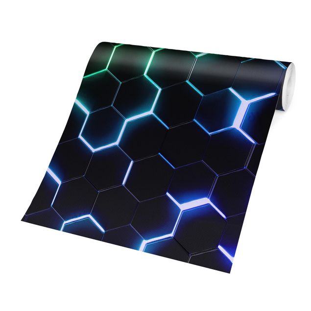 Papel pintado negro Structured Hexagons With Neon Light In Green And Blue