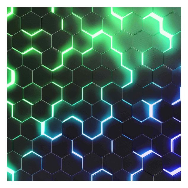 Papel pintado Structured Hexagons With Neon Light In Green And Blue