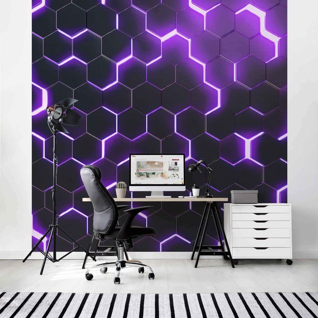 Papel pared geométrico Structured Hexagons With Neon Light In Purple