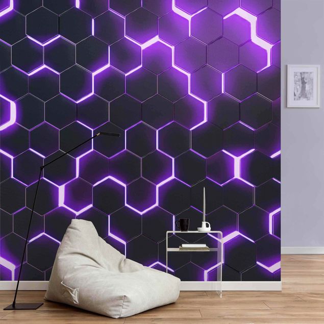 Papel 3d para pared Structured Hexagons With Neon Light In Purple
