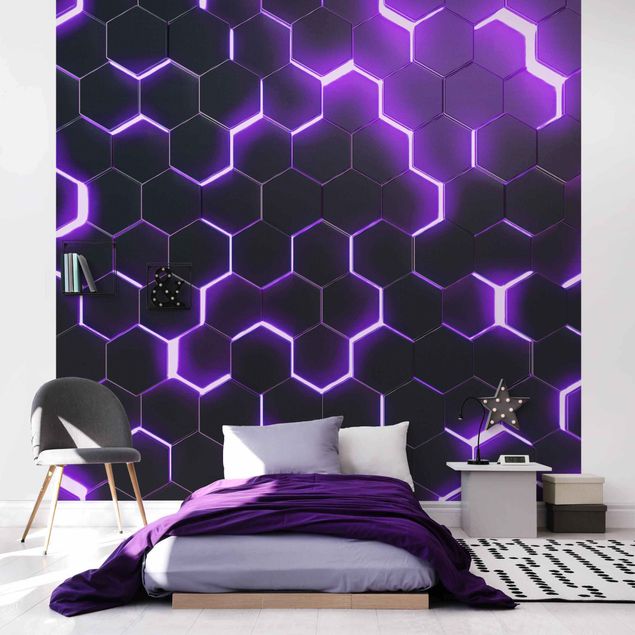 Papel pintado con patrones Structured Hexagons With Neon Light In Purple