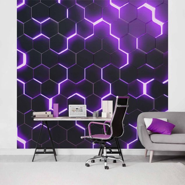 Papel pintado salón moderno Structured Hexagons With Neon Light In Purple
