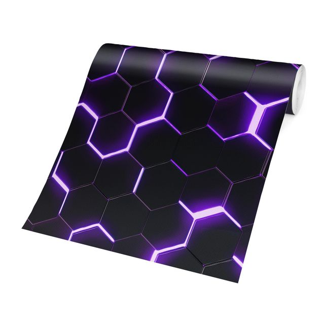 Papel pintado negro Structured Hexagons With Neon Light In Purple