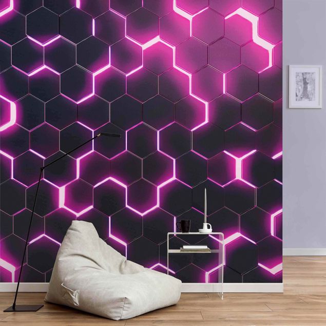 Papeles pintados geométricos Structured Hexagons With Neon Light In Pink