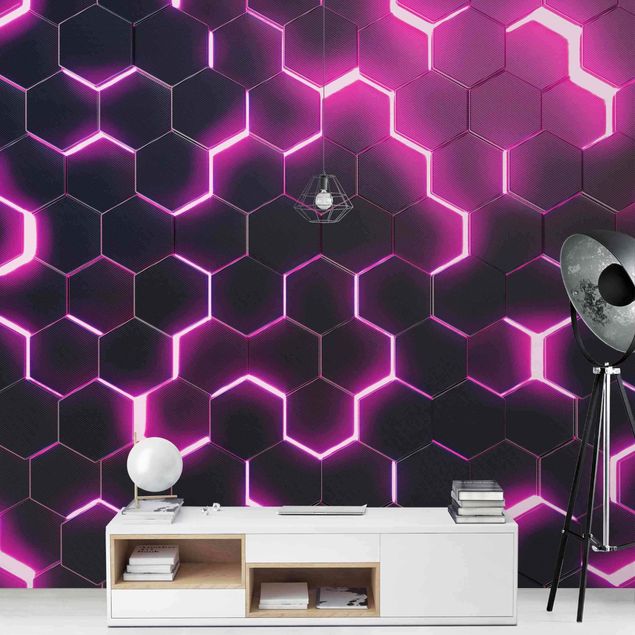Papel pared 3d Structured Hexagons With Neon Light In Pink