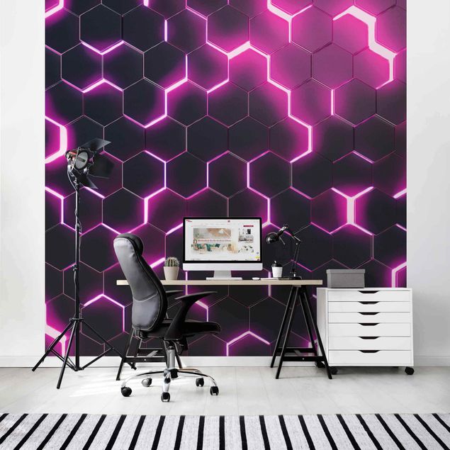 Papel pintado con patrones Structured Hexagons With Neon Light In Pink