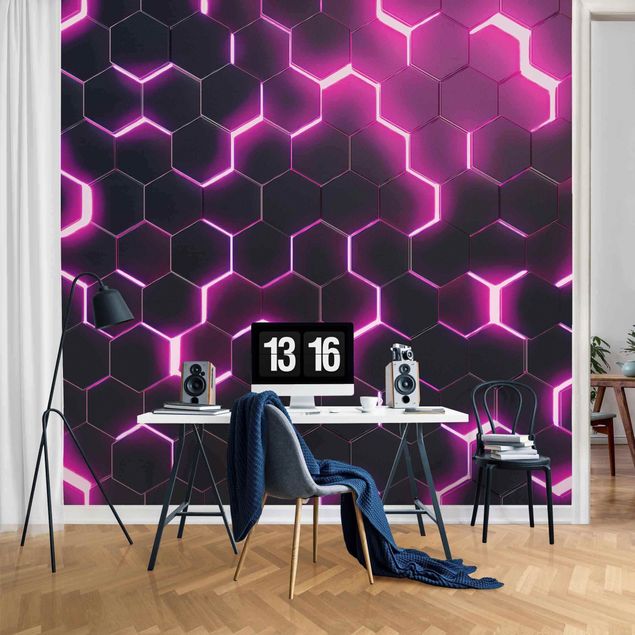 Papeles pintados modernos Structured Hexagons With Neon Light In Pink