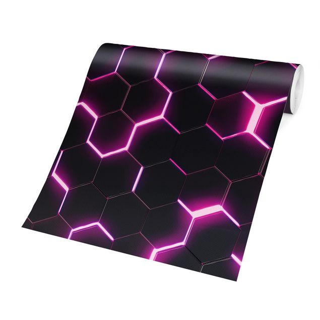 Papel pintado fondo negro Structured Hexagons With Neon Light In Pink