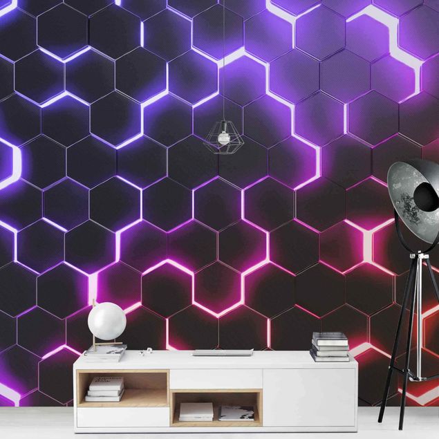 Papel pared geométrico Structured Hexagons With Neon Light In Pink And Purple