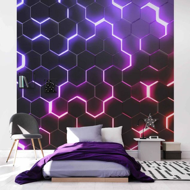 Papel 3d para pared Structured Hexagons With Neon Light In Pink And Purple