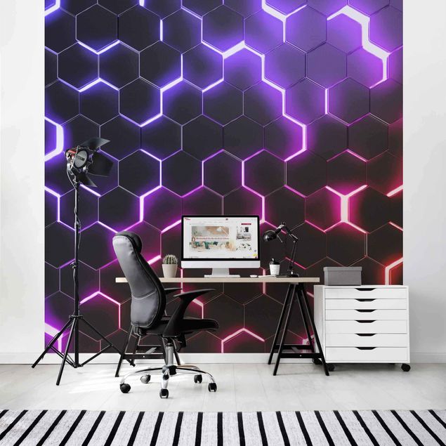 Papel pintado con patrones Structured Hexagons With Neon Light In Pink And Purple
