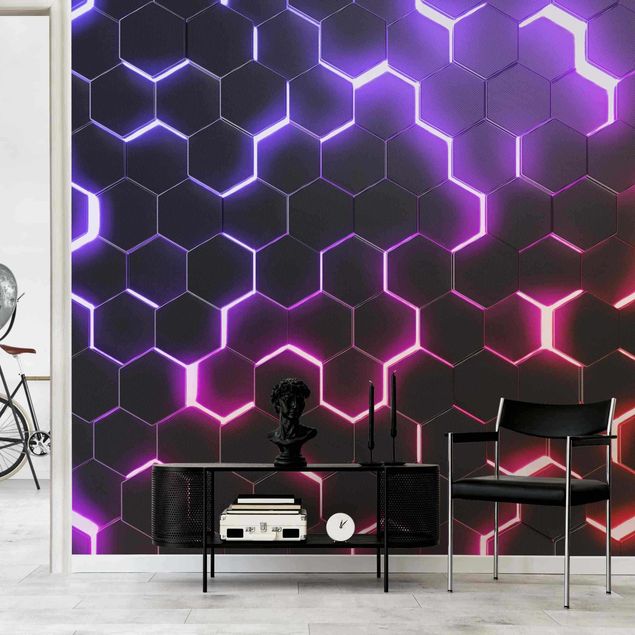 Papel pintado salón moderno Structured Hexagons With Neon Light In Pink And Purple