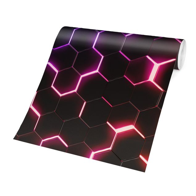 Papel pintado negro Structured Hexagons With Neon Light In Pink And Purple