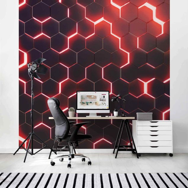 Papel pintado geométrico Structured Hexagons With Neon Light In Red