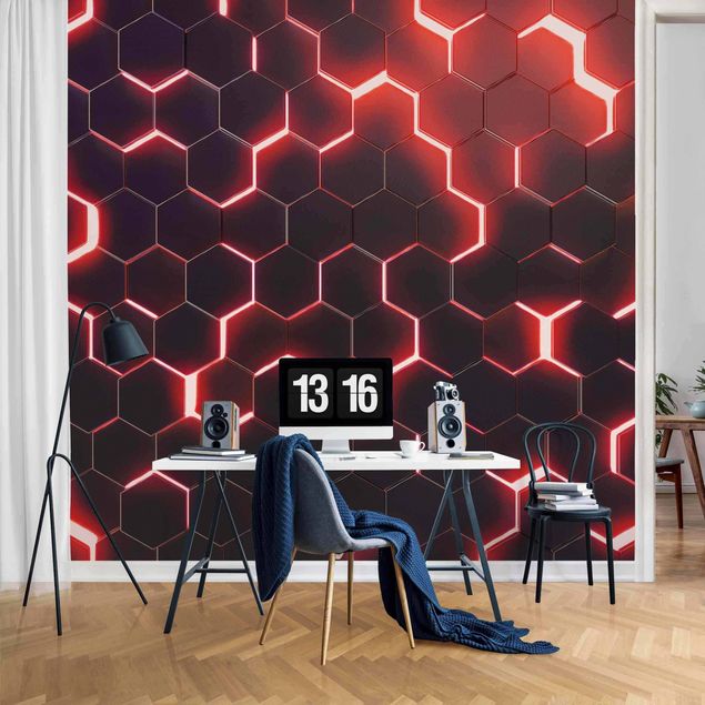 Papel pintado 3d Structured Hexagons With Neon Light In Red