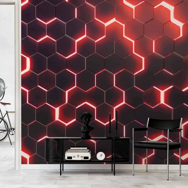 Papel pintado con patrones Structured Hexagons With Neon Light In Red
