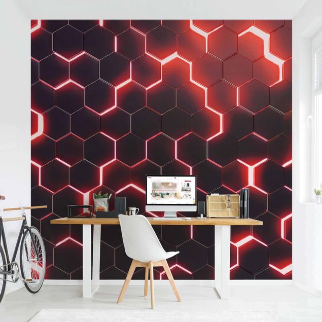 Papel pintado moderno Structured Hexagons With Neon Light In Red
