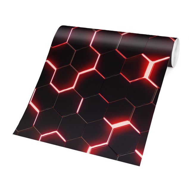 Papel pintado negro Structured Hexagons With Neon Light In Red