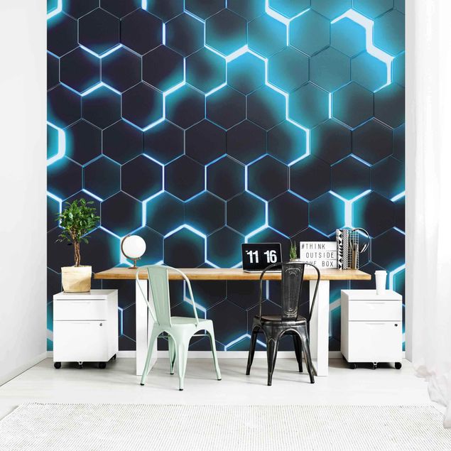 Papel pintado 3d Structured Hexagons With Neon Light In Turquoise