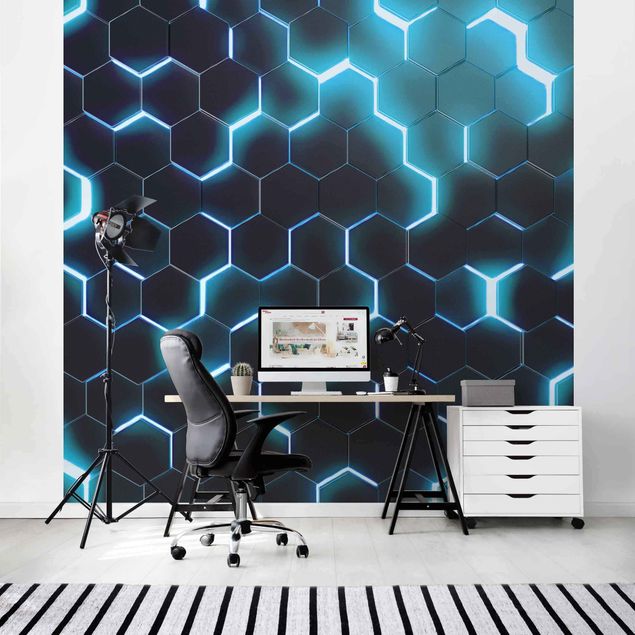 Papel pintado con patrones Structured Hexagons With Neon Light In Turquoise